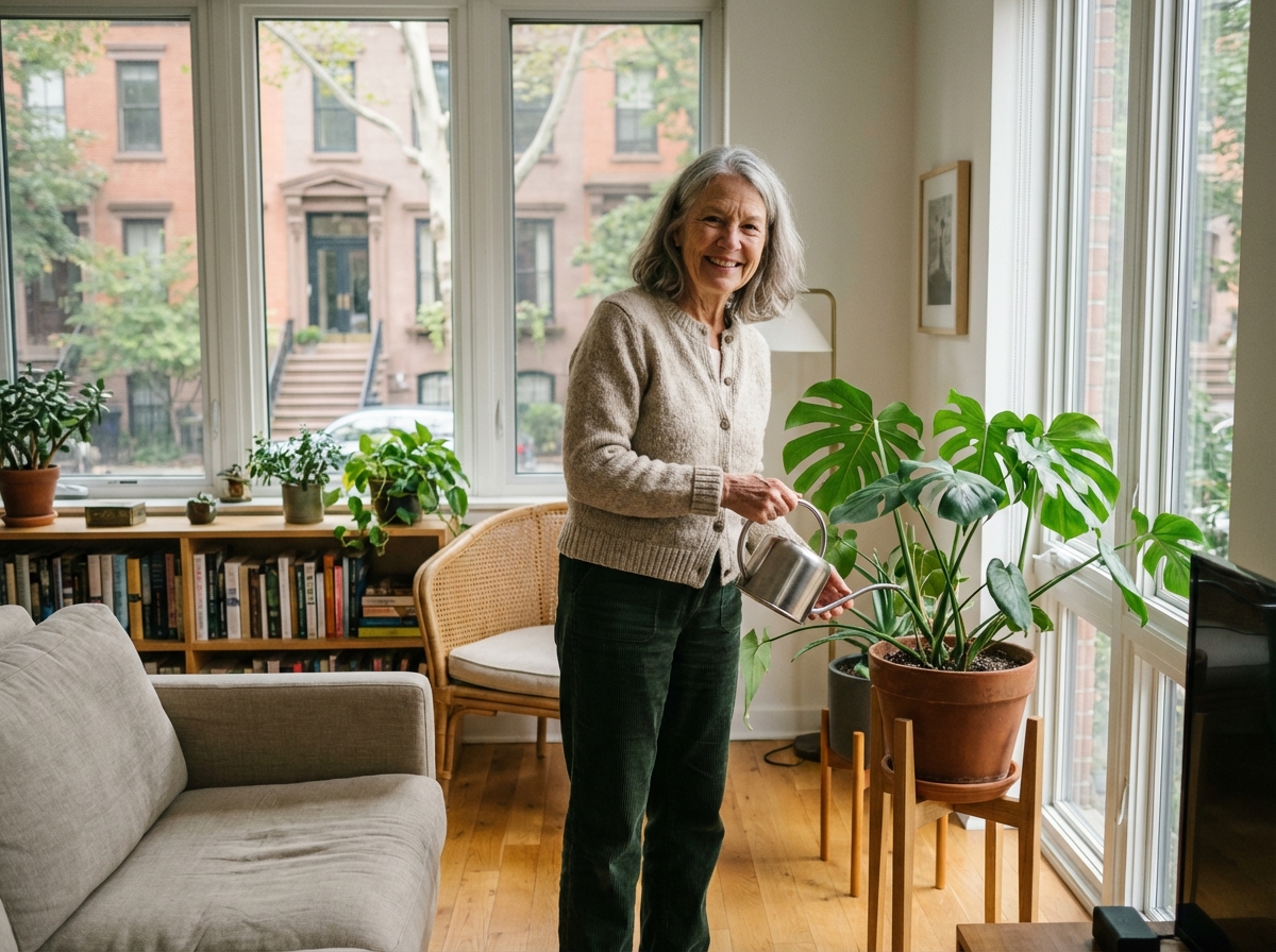 Femme senior arrosant ses plantes d'intérieur dans un salon lumineux