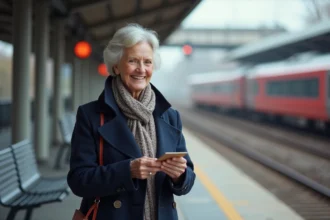 Femme senior souriante sur une plateforme de train