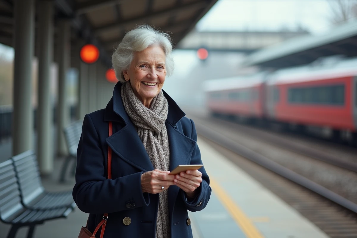 Femme senior souriante sur une plateforme de train