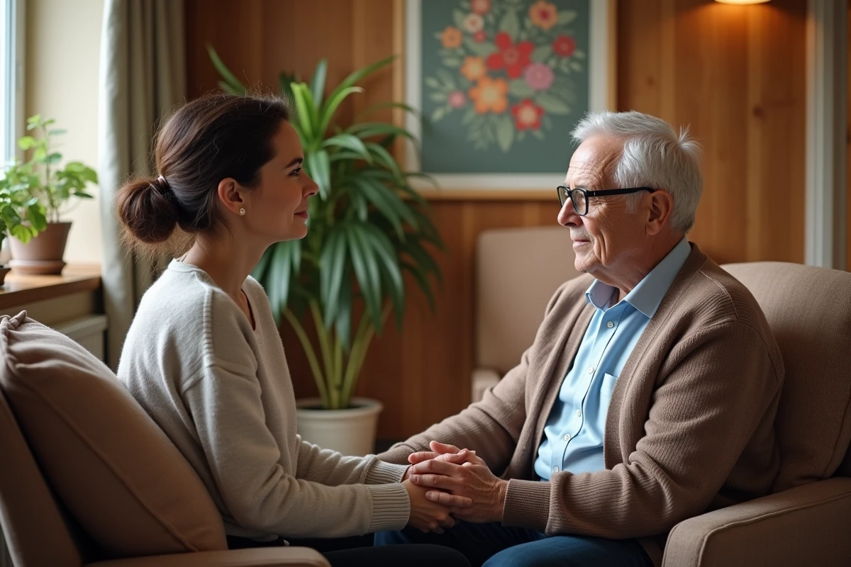 Homme âgé avec sa fille dans un salon de maison de retraite
