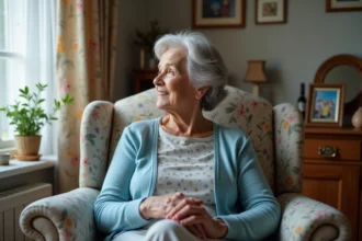 Femme âgée calme dans un salon d'ehpad