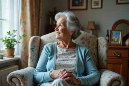 Femme âgée calme dans un salon d'ehpad