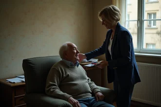 Travailleuse sociale aidant une personne âgée vulnérable à son domicile lors d'un signalement