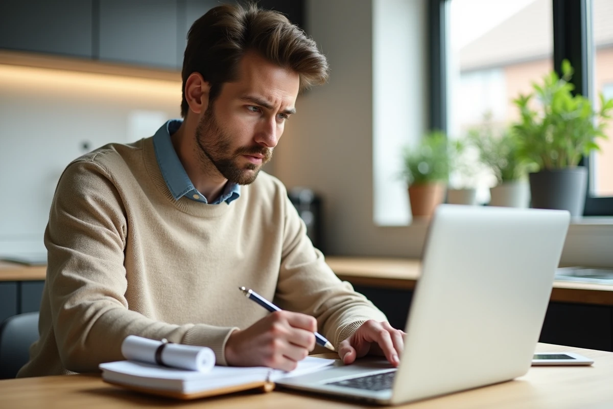 Jeune homme calculant ses trimestres de retraite avec son diplôme universitaire et un simulateur en ligne