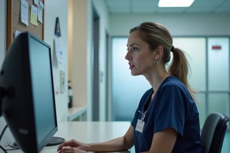 Soignante en tenue professionnelle face à un écran d'ordinateur affichant une erreur de connexion dans un établissement médico-social