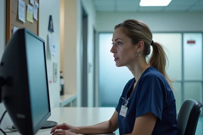 Soignante en tenue professionnelle face à un écran d'ordinateur affichant une erreur de connexion dans un établissement médico-social