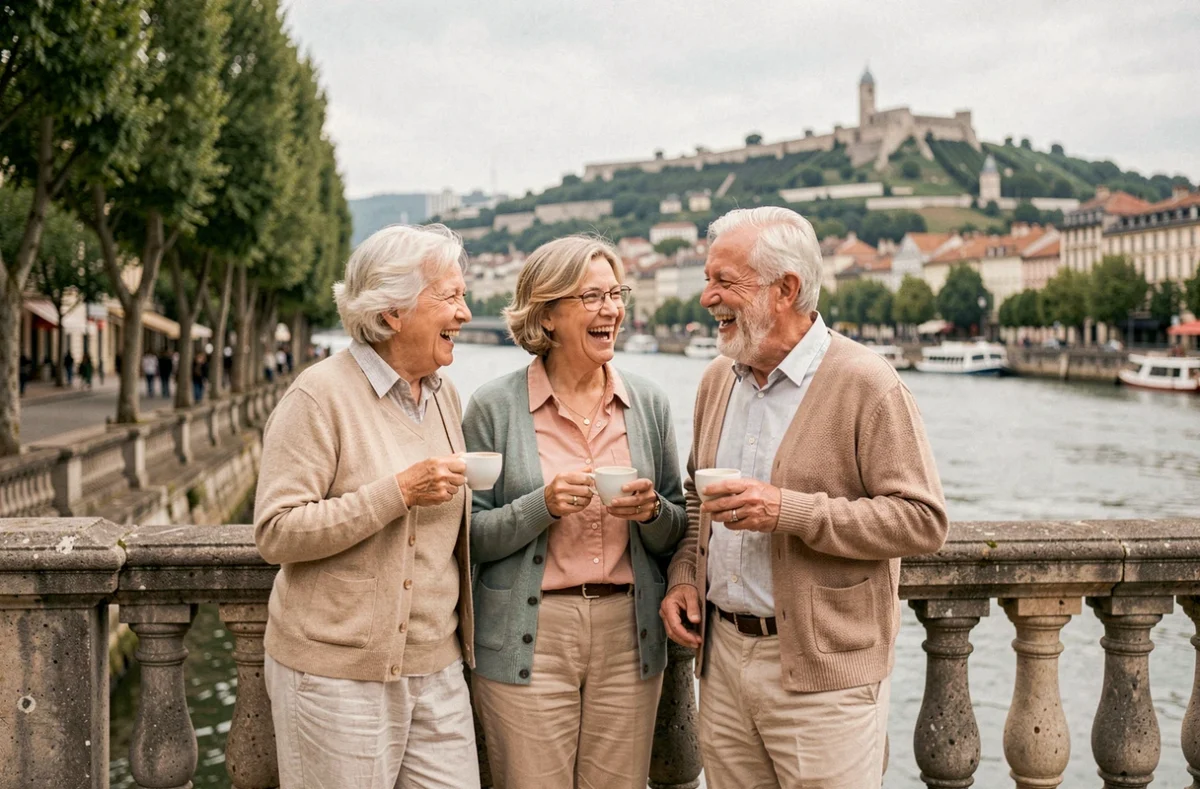 Groupe de seniors profitant d'une sortie conviviale sur les quais du Rhône à Lyon grâce à un accompagnement senior local