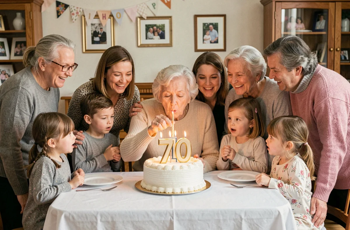 Famille réunie pour souffler les bougies des 70 ans lors d'une animation anniversaire intérieure avec petits-enfants et enfants adultes