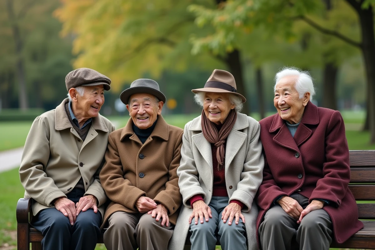 Groupe de supercentenaires assis dans un parc en plein air
