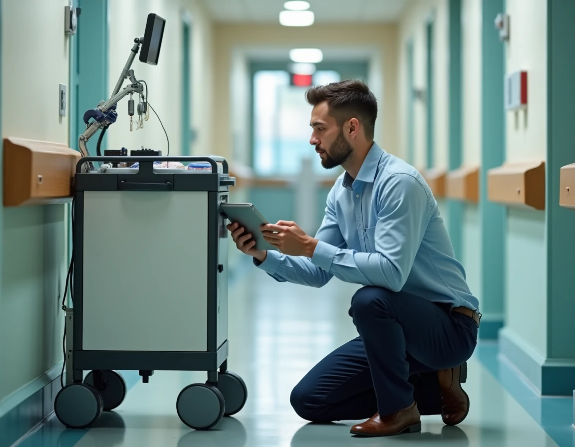 Technicien informatique configurant une tablette sur un chariot médical dans un couloir d'EHPAD