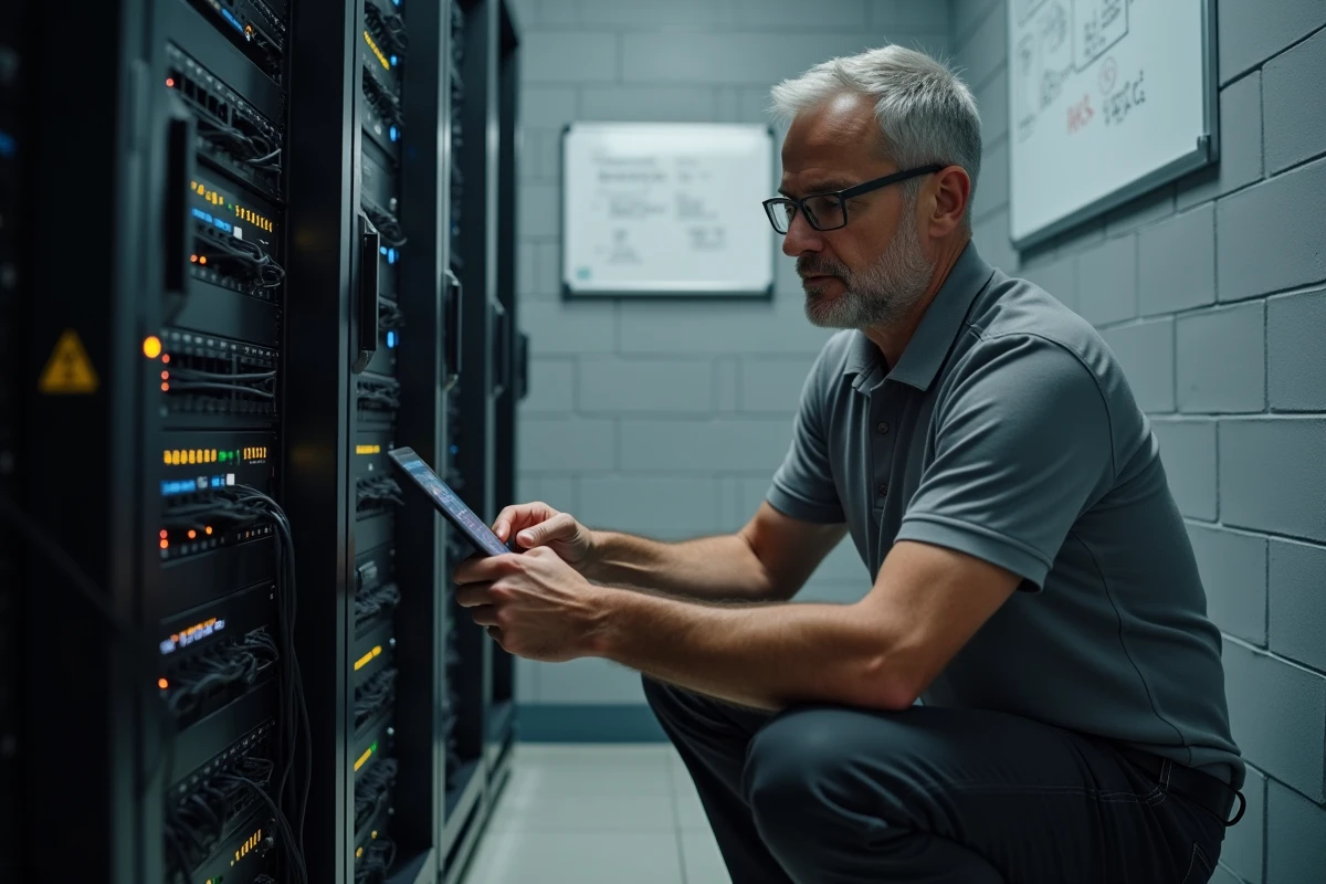Technicien informatique vérifiant les connexions réseau dans la salle serveur d'un établissement de soins