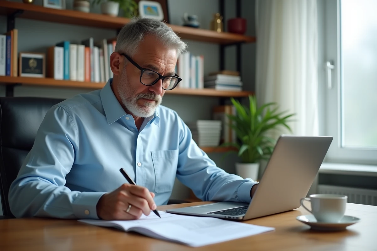 Travailleur social examinant un formulaire d'évaluation AGGIR à son bureau, processus administratif de perte d'autonomie