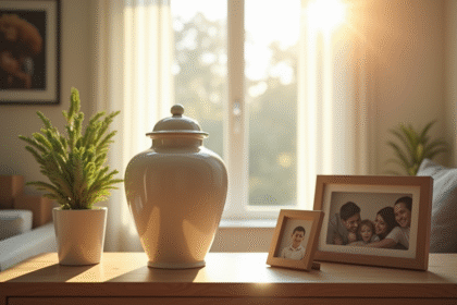 Urne en céramique sur une étagère ensoleillée dans un salon moderne