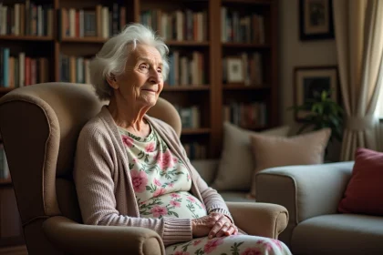 Femme âgée de 115 ans dans un fauteuil confortable