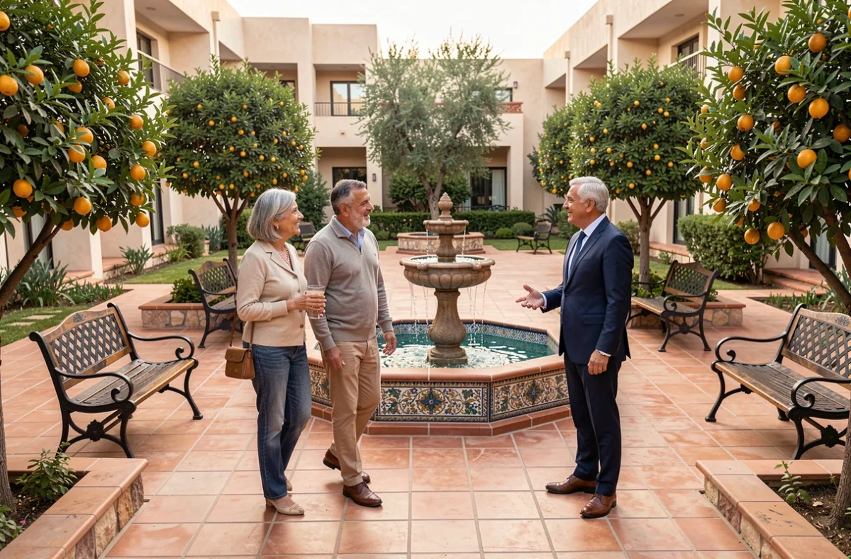 Famille visitant le jardin d'une maison de retraite moderne au Maroc avec un directeur d'établissement